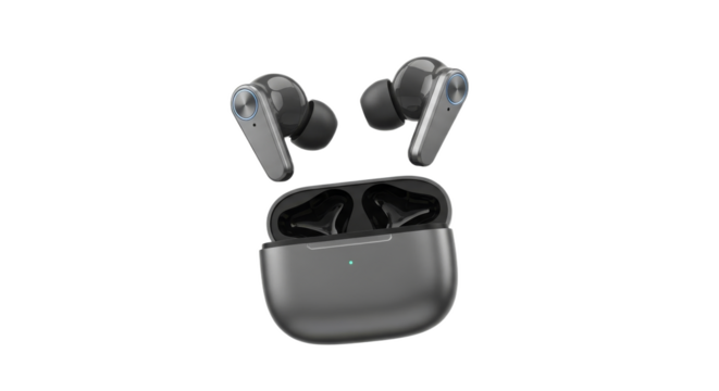 Sleek and modern wireless earbuds floating above their charging case on a minimalist background