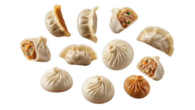 Diverse selection of beautifully handcrafted dumplings showcases culinary artistry and delicious flavor compositions with isolated background