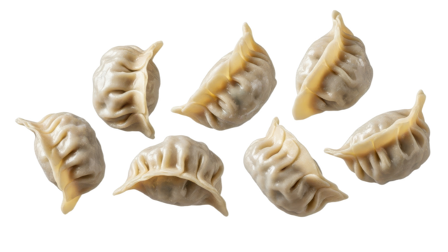 A delectable arrangement of floating dumplings against a clean white background, showcasing their unique pleated design and soft texture