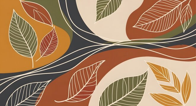 Abstract Botanical Art: Earthy Tones with Leaf Outlines and Geometric Shapes - Powered by Adobe