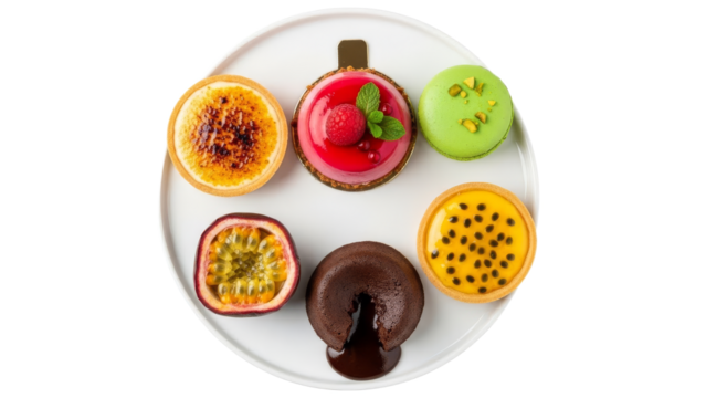 Exquisite assortment of miniature dessert delicacies arranged artistically on a pristine white plate showcasing culinary art