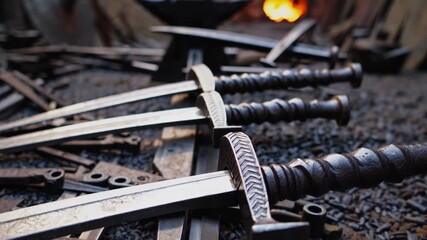 Multiple newly forged swords with twisted handles are neatly arranged on a wooden beam in a blacksmith's workshop, with a burning forge in the background providing a warm glow