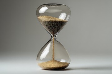 Hourglass with black and gold sand on a plain grey background time concept