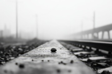 Monochrome Foggy Railroad Tracks Perspective Vanishing Point Steel Rails and Gravel Bed Leading into Heavy Mist Under Overcast Sky in Black and White