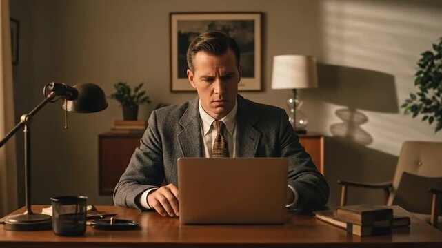 1950s man focused on laptop in minimalist home office, warm cinematic ambiance