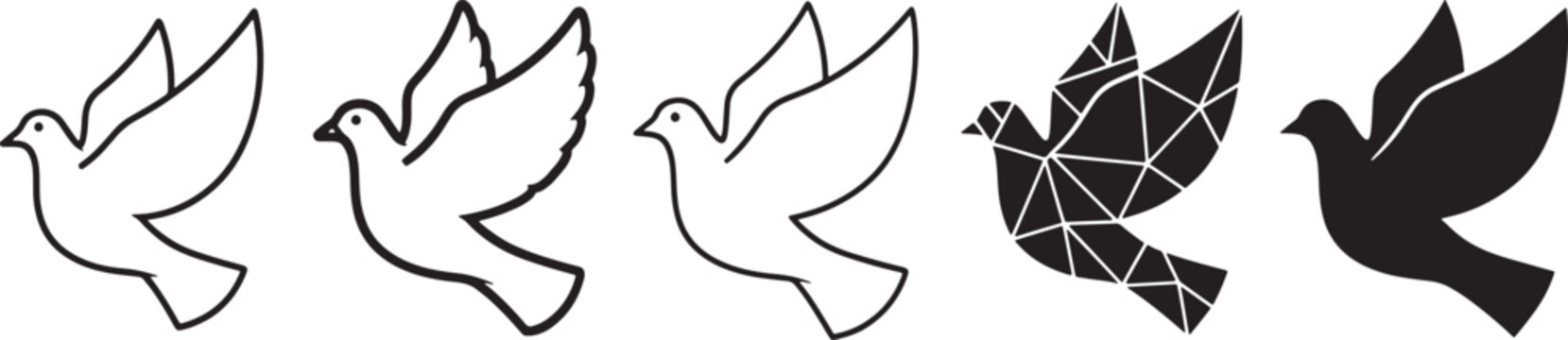 Collection of flying dove icon illustrations in various styles: outline, geometric, and solid silhouette designs on white. Vector