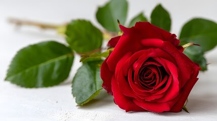 Beautiful Red Rose with Lush Green Leaves on Gray Background