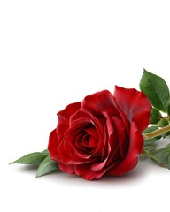 Beautiful Red Rose with Green Leaves on White Background