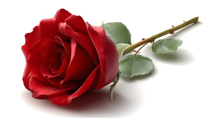 Beautiful Red Rose with Green Leaves on White Background
