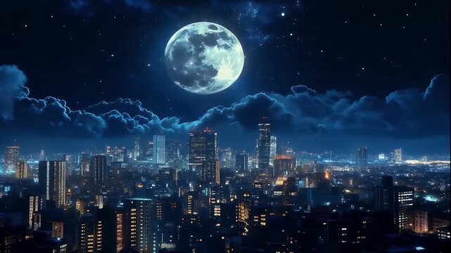 Lunar Glow Over Night City: Full Moon and Starry Urban Sky