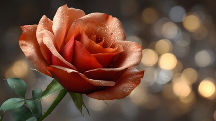 Beautiful Rose with Dew Drops on Petals Against Blurred Background