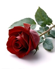 Elegant Red Rose on White Background with Green Leaves Detail