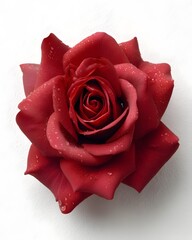 Gorgeous Single Red Rose with Water Drops on White Background
