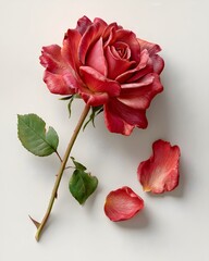 Beautiful Red Rose with Petals on a Light Background
