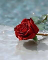 Red Rose on Water Surface with Sparkling Drops and Soft Background