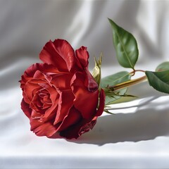 Beautiful Red Rose on Soft Silk Fabric with Natural Light Reflection