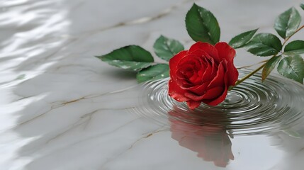Red Rose on Marble Surface with Water Ripples and Leaves