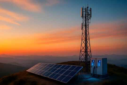 Remote Solar-Powered Telecom Tower at Sunset