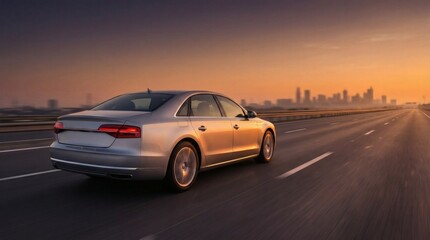 Fototapeta premium Silver sedan driving on highway at sunset with city skyline in the distance