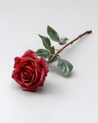 Beautiful Red Rose with Green Leaves on Soft White Background