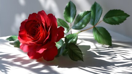 Elegant Red Rose with Green Leaves on Light Background