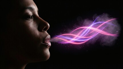 Fototapeta premium Woman exhaling glowing energy with vibrant pink and purple light trails