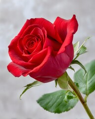 Beautiful Red Rose with Green Leaves on Elegant Gray Background