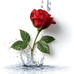 Red Rose with Water Splash Isolated on White Background