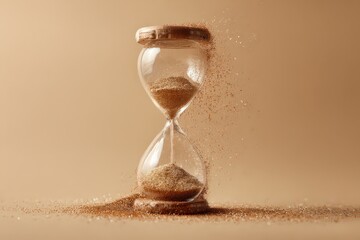 Hourglass with Glittering Particles Against Beige Background Depicting Time Concept