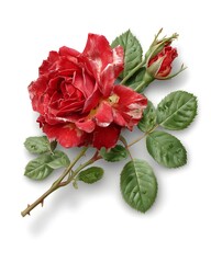Beautiful Red Rose with Green Leaves on White Background
