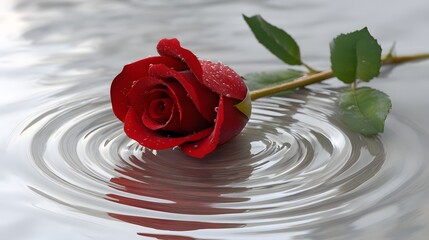 Red Rose on Water Surface with Ripples and Dew Drops Gleaming