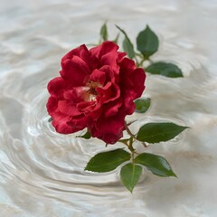 Red Flower Blooming on Calm Water Surface with Green Leaves