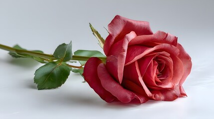 Beautiful Single Red Rose with Green Leaves on Light Background
