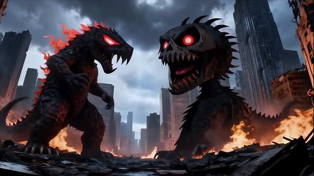 Apocalyptic Titans: Clashing Monsters in a Burning Urban Wasteland