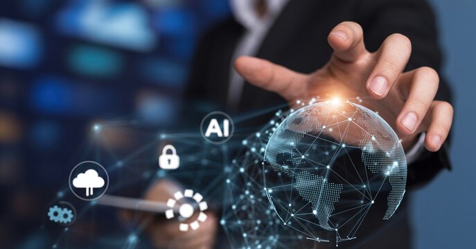 Human hand interacting with futuristic digital globe and technology icons