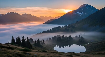 Obraz premium Sunrise over the misty mountains and a serene lake, a breathtaking landscape.