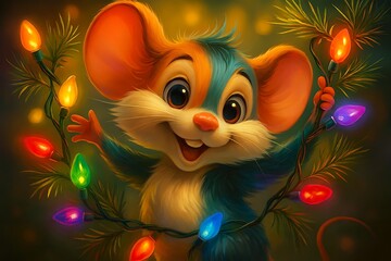 Vibrant cartoon mouse holding glowing Christmas lights, perfect for festive designs, greeting cards, and holiday stock image use.

