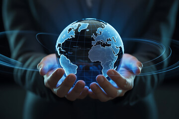 Hands holding a glowing digital globe, representing global connectivity and technological advancement