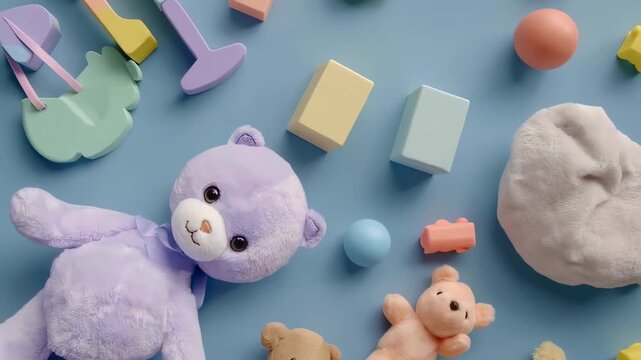 pattern featuring a purple plush bear on a blue surface, surrounded by colorful toys like teddy bears, building blocks, and balls, creating a playful atmosphere