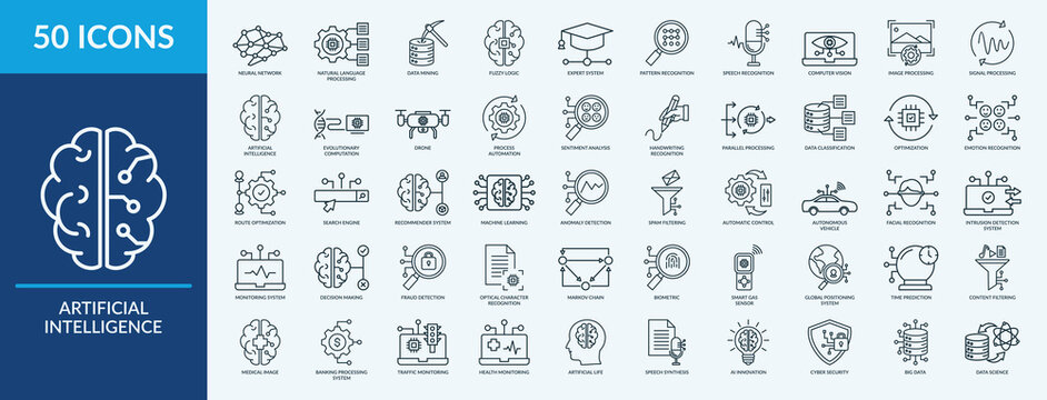 Artificial intelligence icon set. Containing machine learning, neural network, data mining, fuzzy logic, expert system and more. Outline vector icons collection