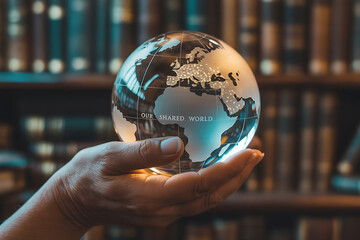A hand holding a glass globe in front of a library bookshelf filled with books