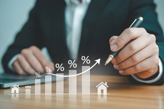 Business person reviewing a growth chart with rising percentages and house icons, symbolizing real estate investment