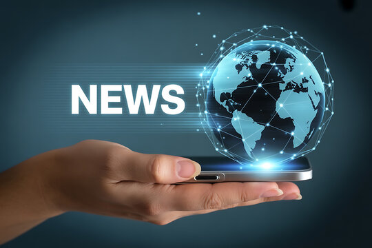 Hand holding a smartphone displaying the word news and a glowing digital globe, representing global information access