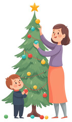 Mother and child joyfully decorating a Christmas tree together in a cozy living room isolated on transparent background.