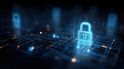 Digital Data Security Concept with Glowing Lock Icon and Circuit Board Background