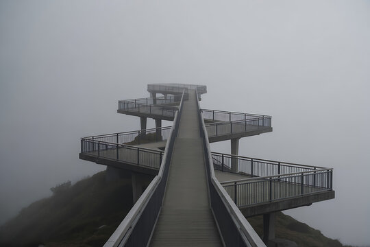 Spiral walkway leading to a viewpoint on a foggy mountain peak