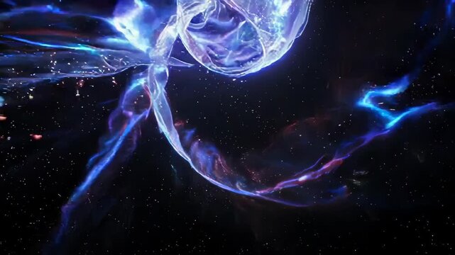 An ethereal celestial orb swirls with vibrant blue and violet energy