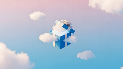 Magical Blue Gift Box Floating in Sky with Fluffy White Clouds
