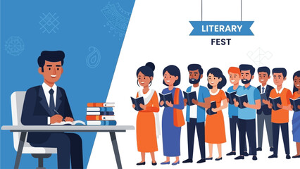 A vibrant flat design illustration capturing an Indian author engaging with readers during a book signing event at a literary festival. 