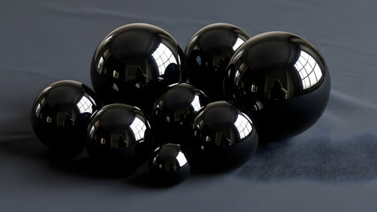 Group of Shiny Black Spheres with Window Reflections
